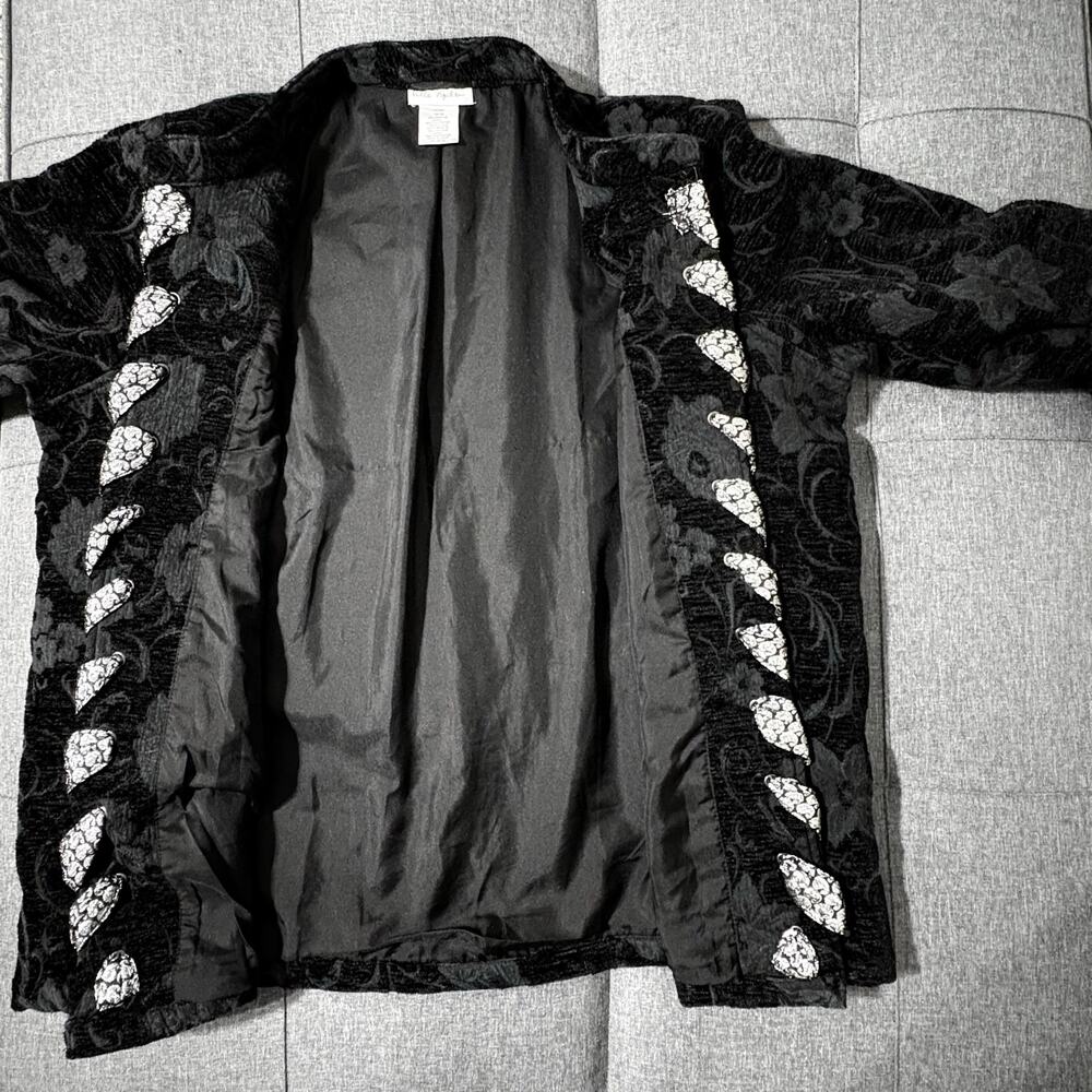 Ulla Popken Jacket Women 16/18 Black Silk Gray Open Front Wearable Art Tapestry - Picture 6 of 8